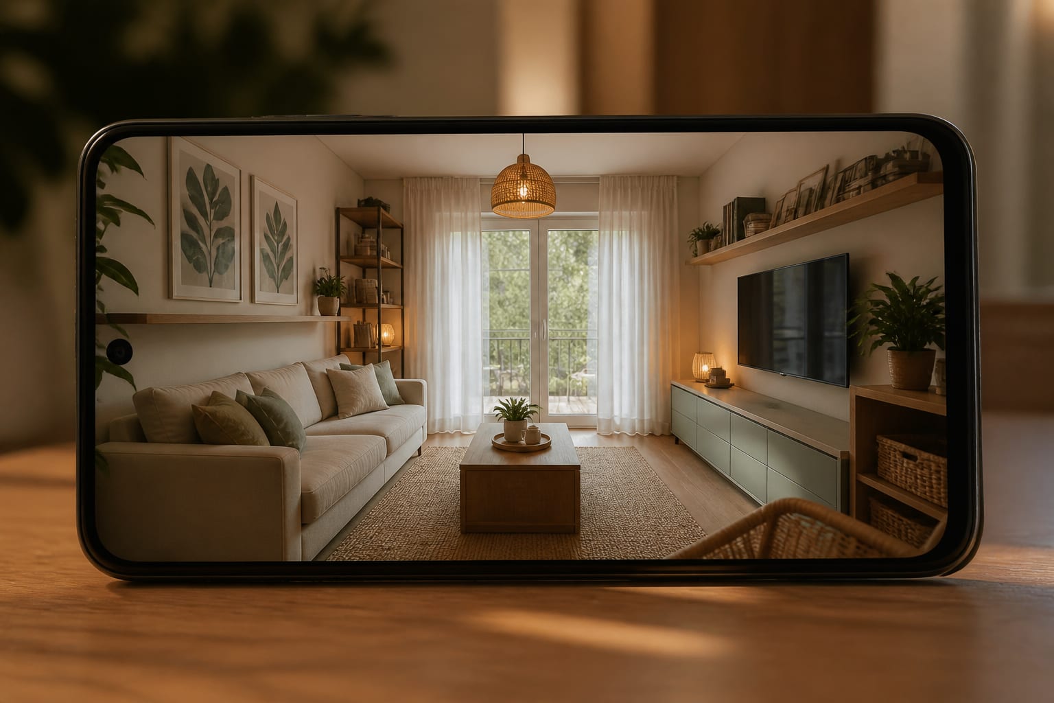 Android phone showing a realistic AI redesign preview of a small living room with warm lighting, rug scale, curtains, and storage visible