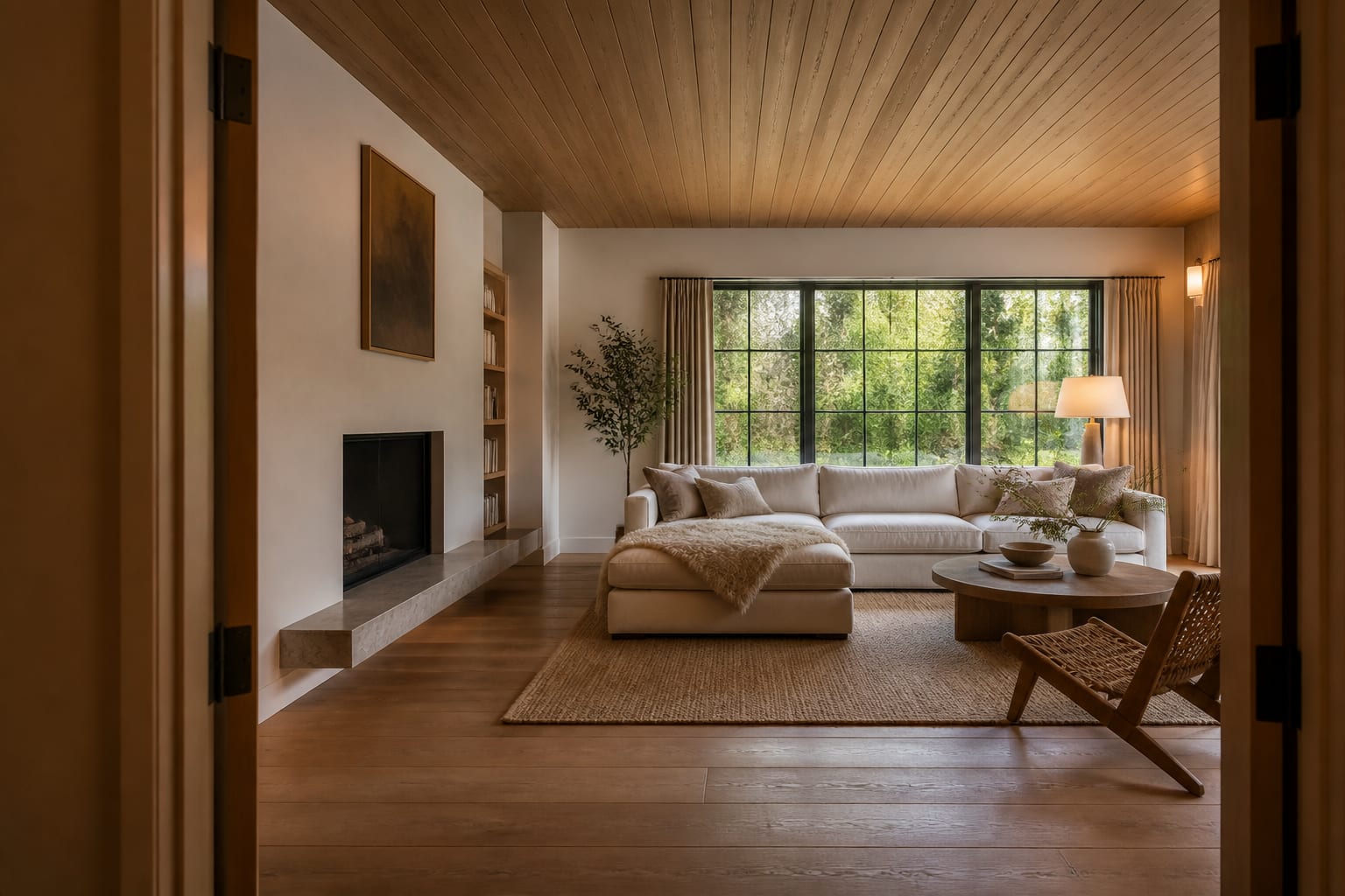 Android room photo setup showing a doorway view with floor, ceiling, window wall, sofa, rug, and awkward corner included