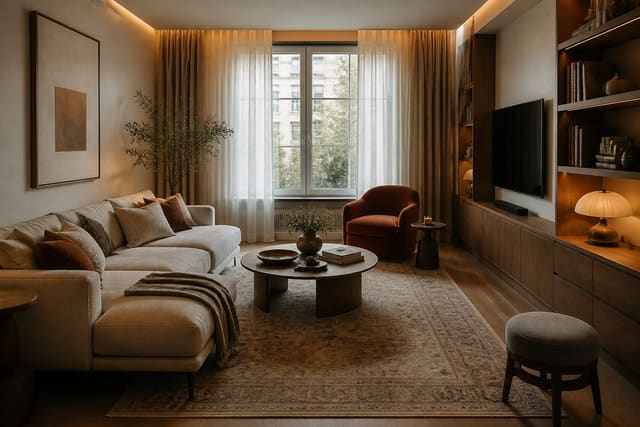 Android phone showing a realistic AI redesign preview of a small living room with warm lighting, rug scale, curtains, and storage visible