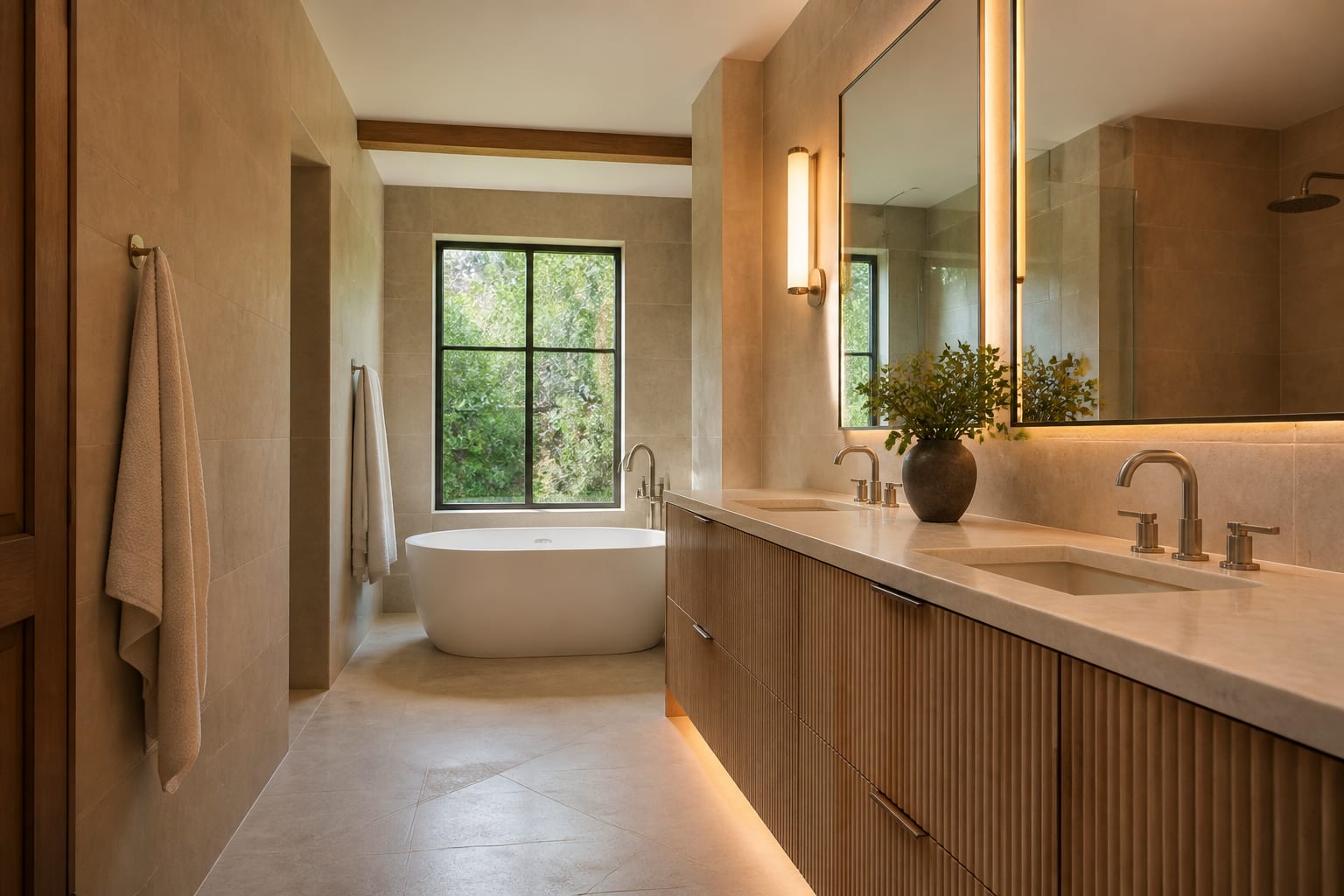 Warm bathroom with fluted vanity, large-format stone tile, brushed nickel fixtures, and layered mirror lighting