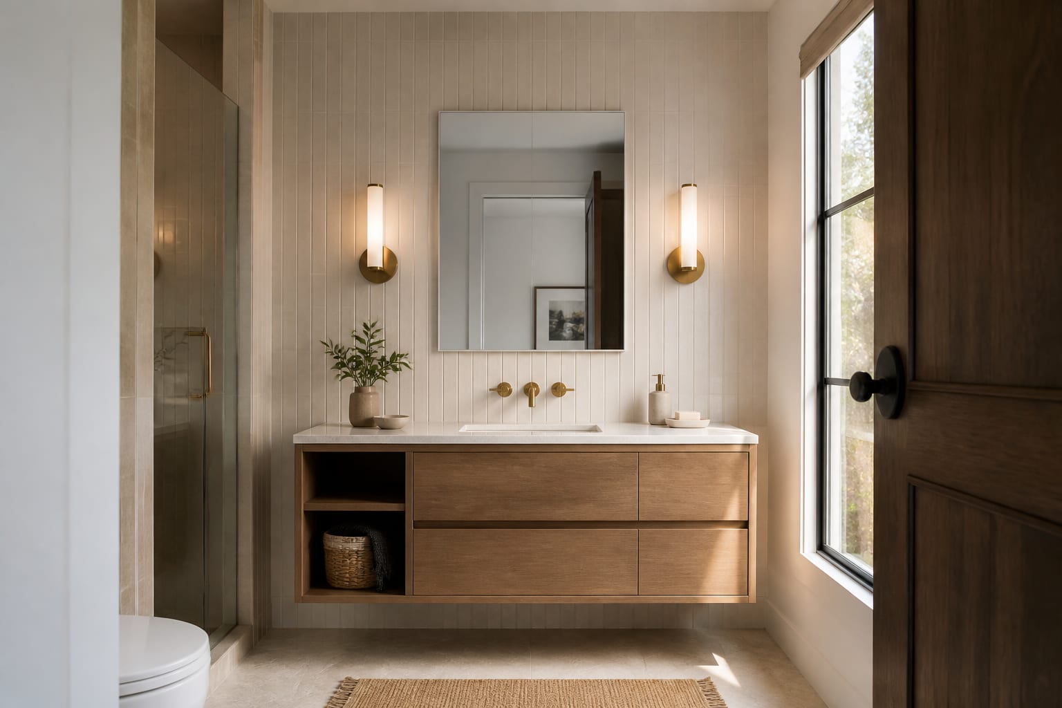 Small bathroom preview showing a floating vanity, 12 by 24 inch wall tile, warm sconces, and a recessed medicine cabinet