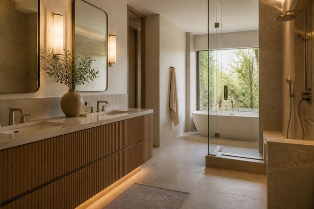 Warm bathroom with fluted vanity, large-format stone tile, brushed nickel fixtures, and layered mirror lighting