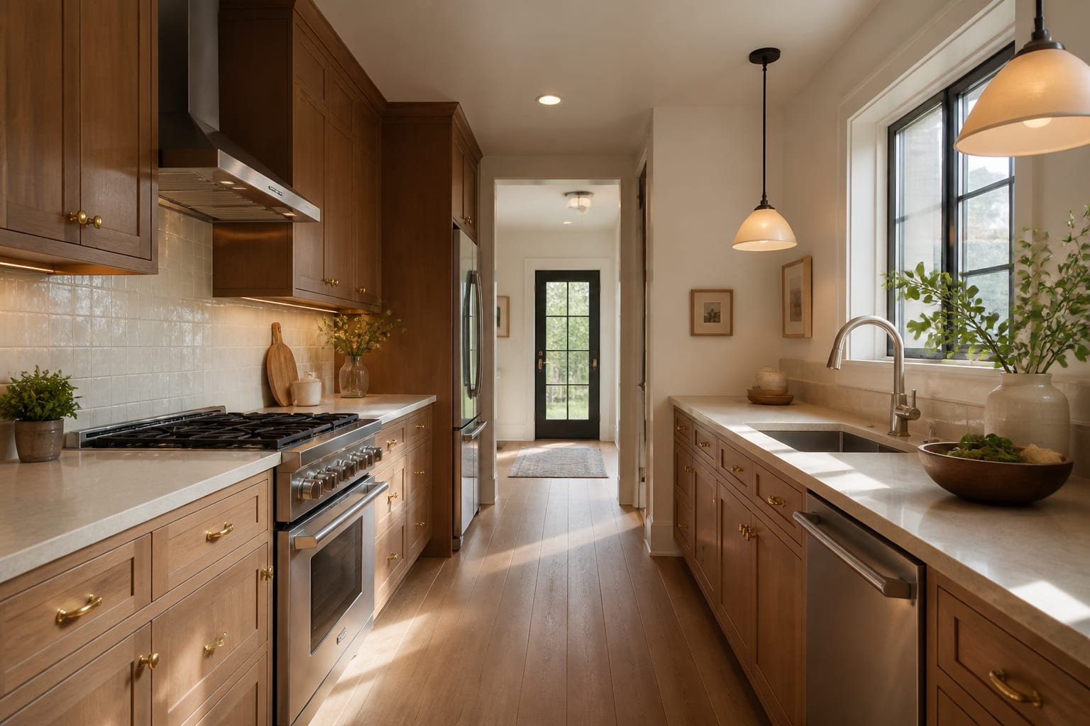 AI kitchen redesign preview showing the same galley kitchen tested with warmer cabinets, stone counters, pendant lighting, and a simple tile backsplash