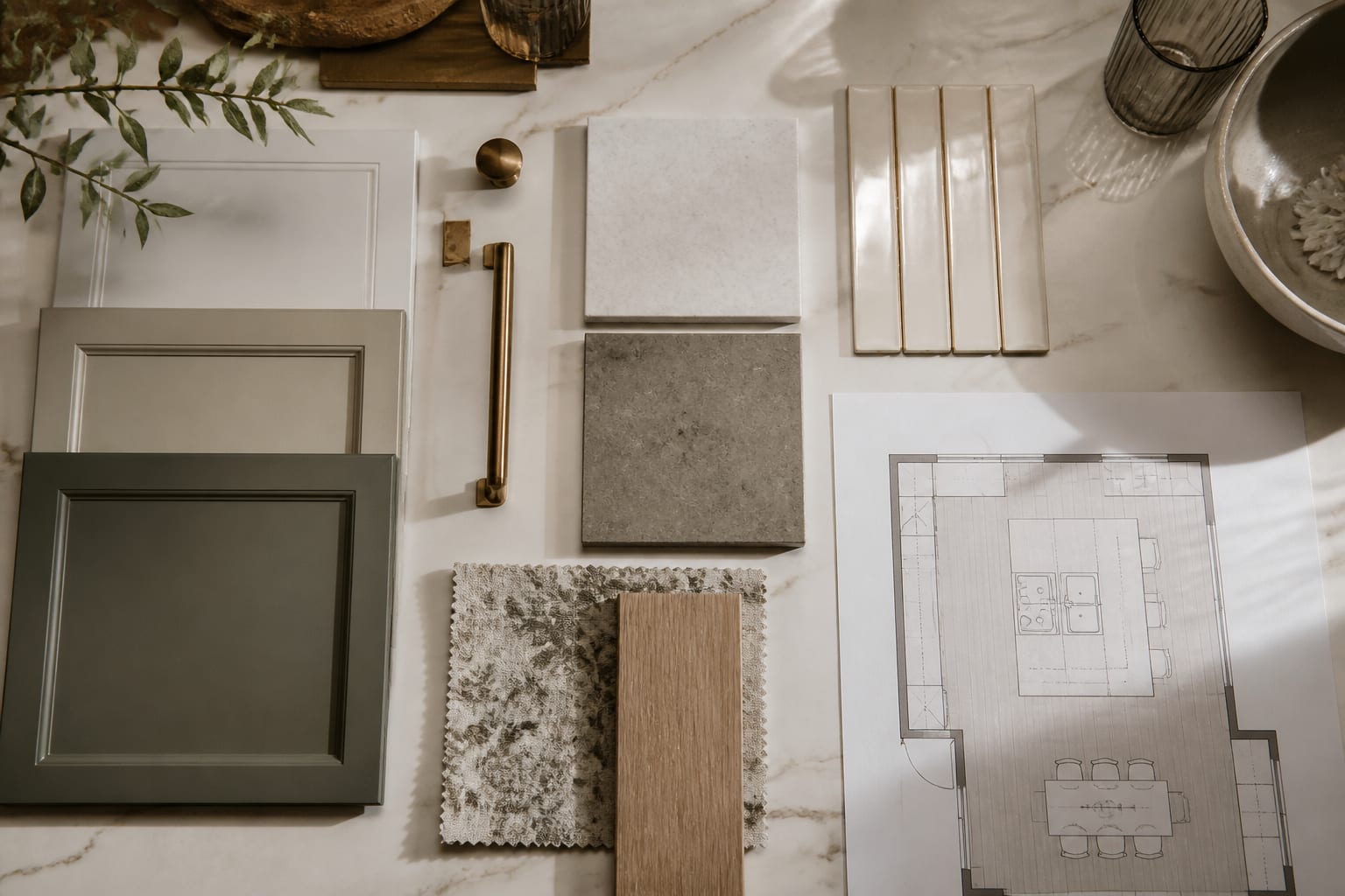 Kitchen material board with cabinet paint swatches, quartz samples, warm brass hardware, backsplash tile, and a marked floor plan