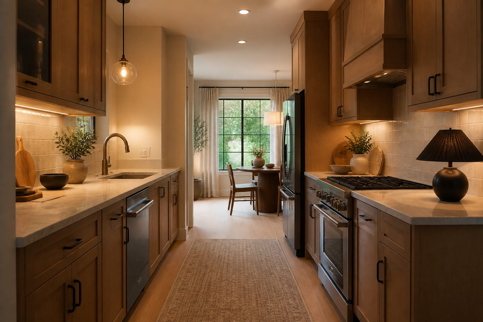 AI kitchen redesign preview showing the same galley kitchen tested with warmer cabinets, stone counters, pendant lighting, and a simple tile backsplash