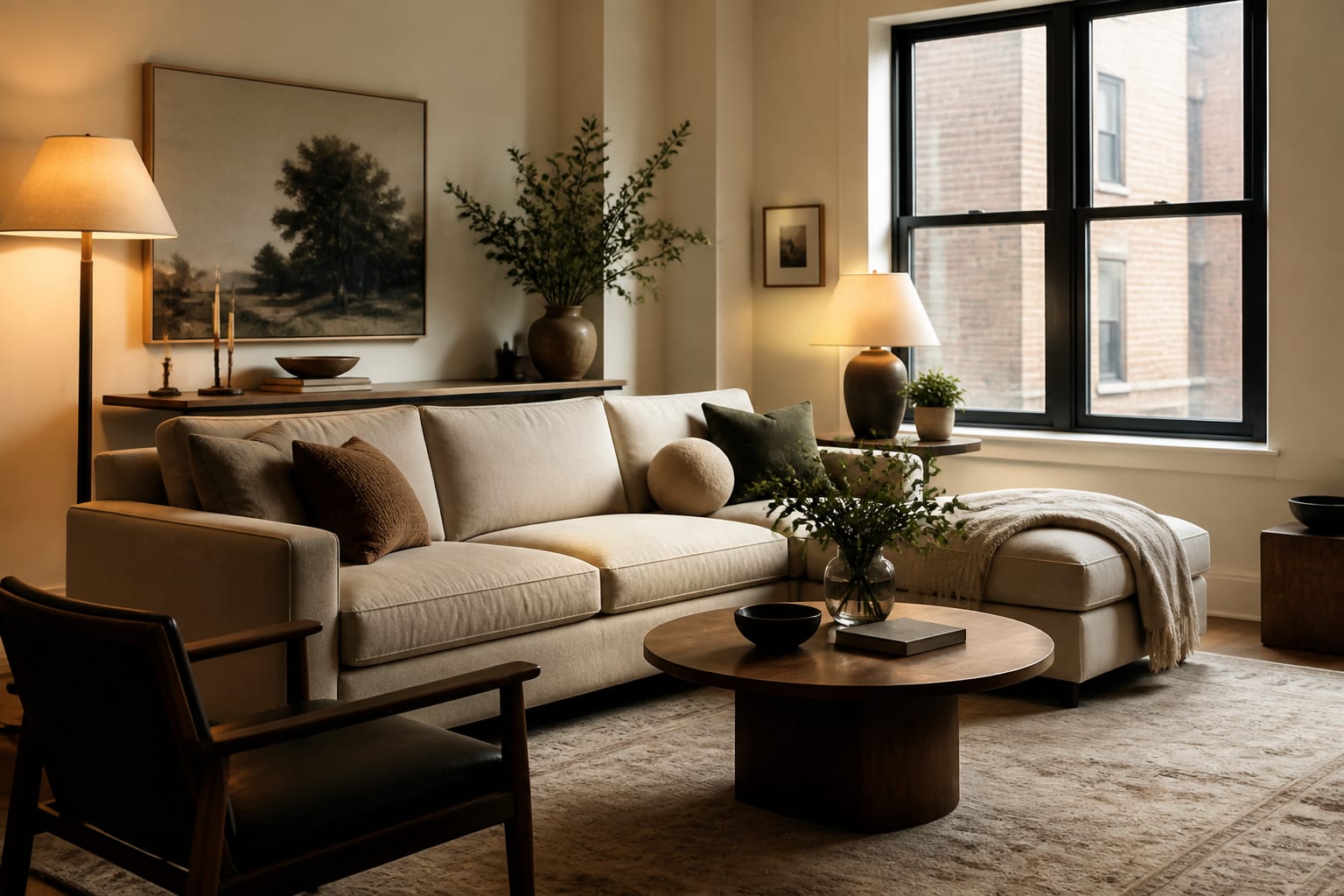 warm apartment living room shown as an AI redesign preview with existing sofa, real windows, layered lamps, and neutral furniture scale