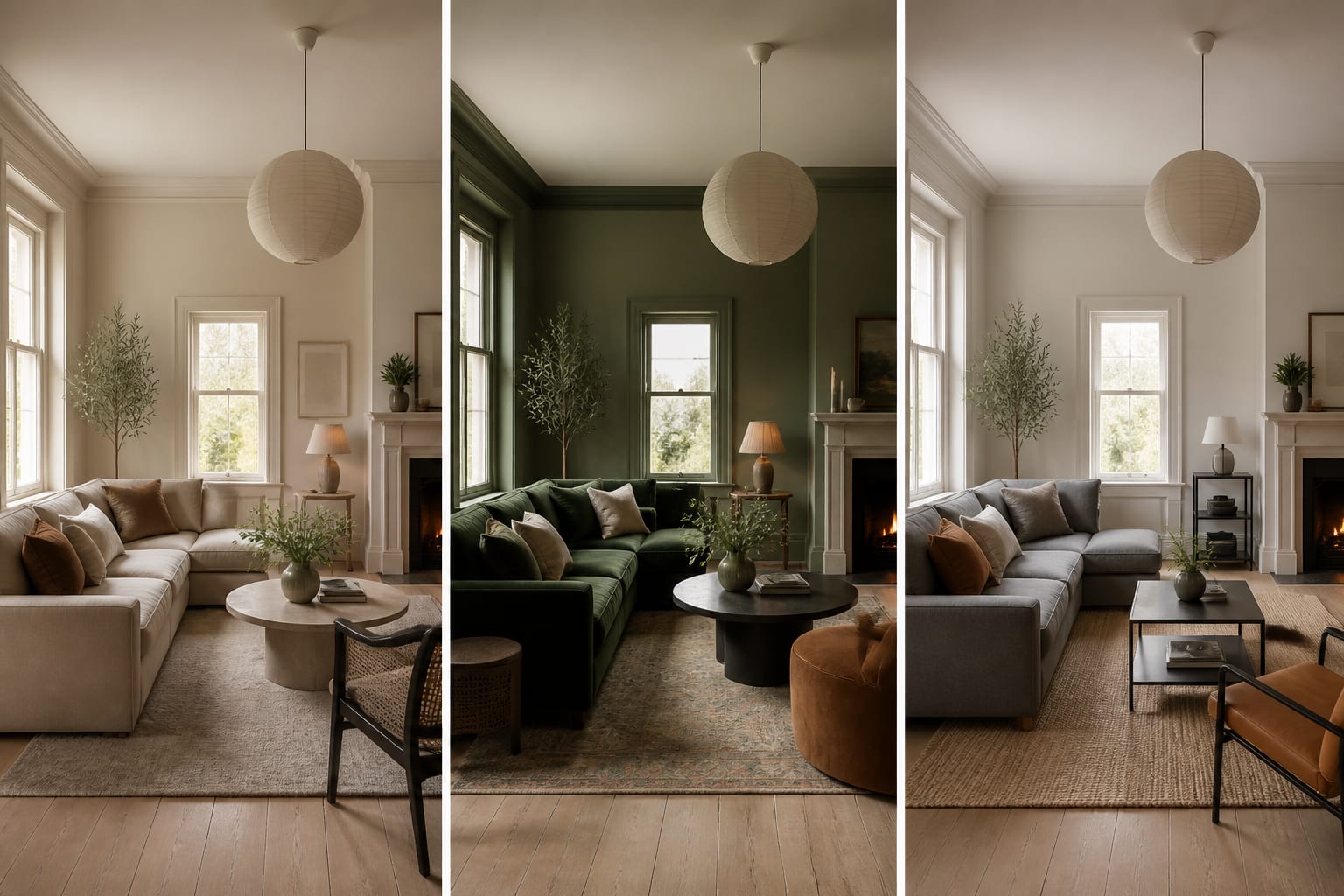 side-by-side AI room concepts showing the same living room in warm neutral, moody green, and rental-friendly furniture-only versions