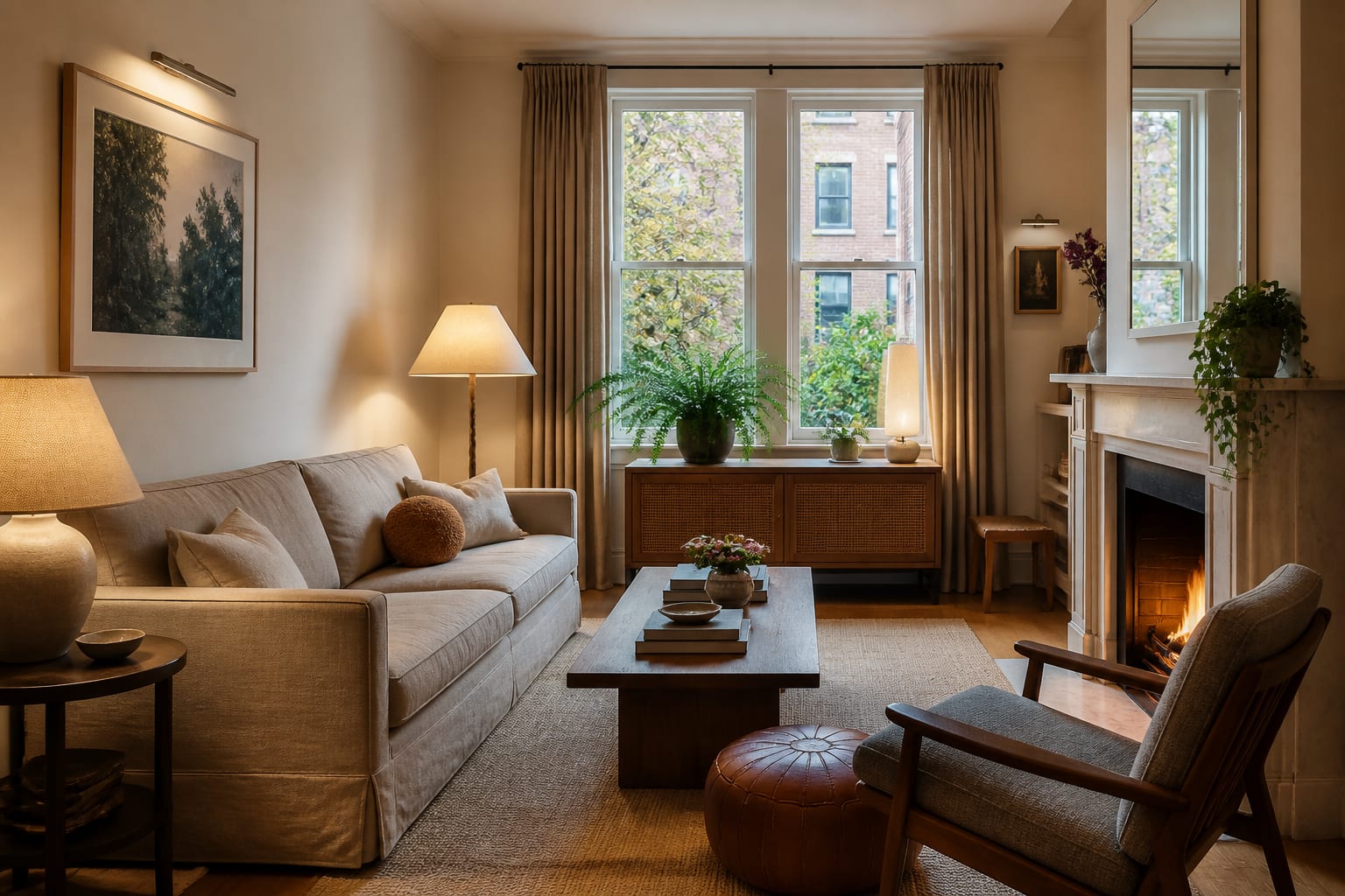 warm apartment living room shown as an AI redesign preview with existing sofa, real windows, layered lamps, and neutral furniture scale