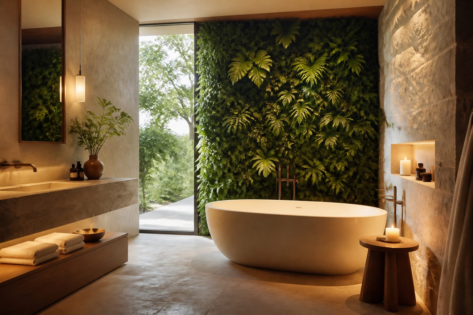 Editorial interior photograph showing biophilic bathroom ideas living walls, natural stone, and spa vibes.