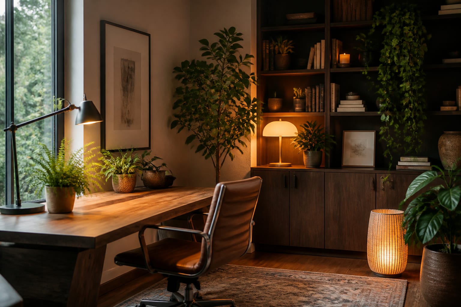 Editorial interior photograph showing biophilic home office plants, natural light, and productive calm.