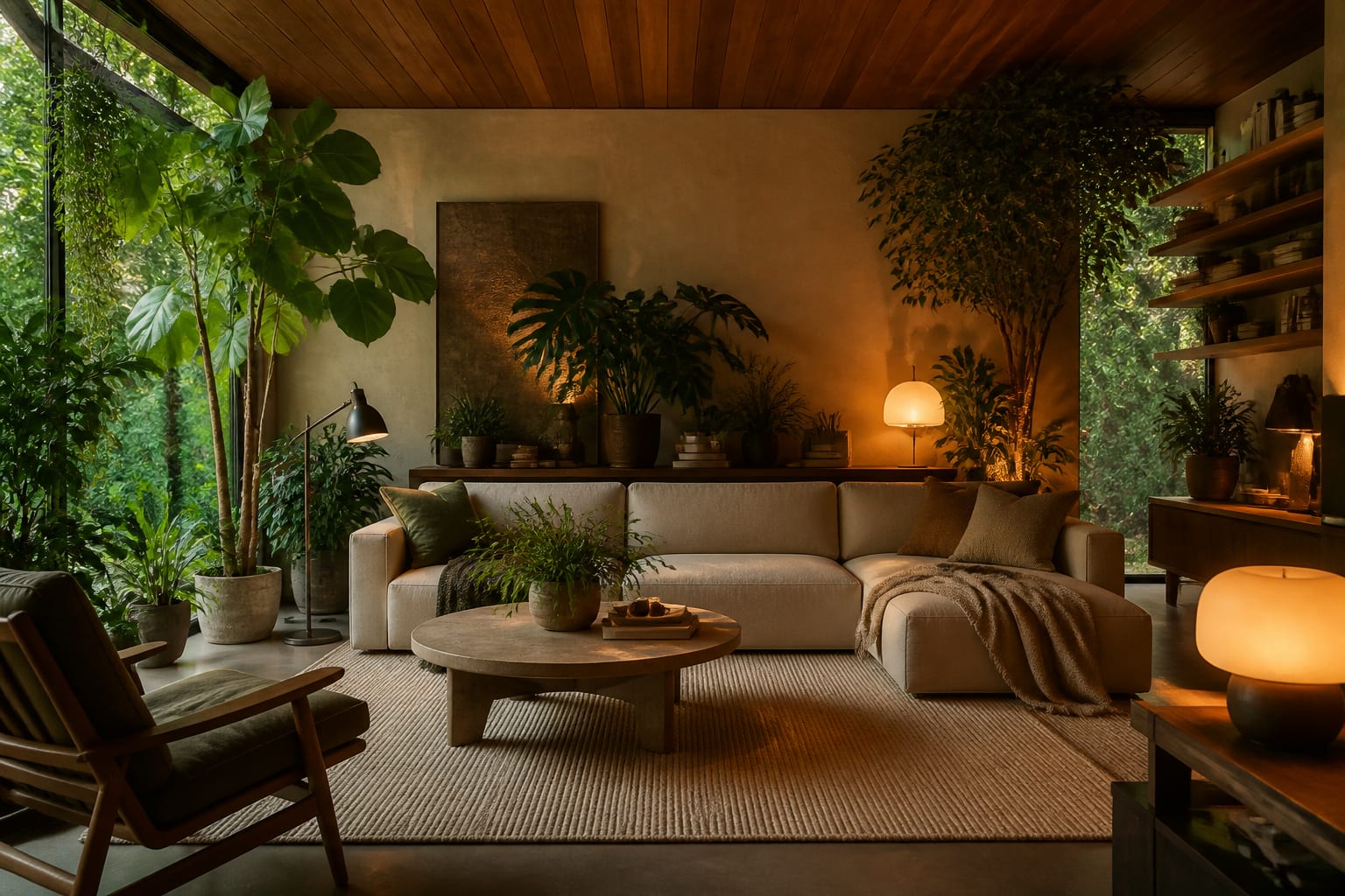 Editorial interior photograph showing biophilic living room design how greenery transforms a space.
