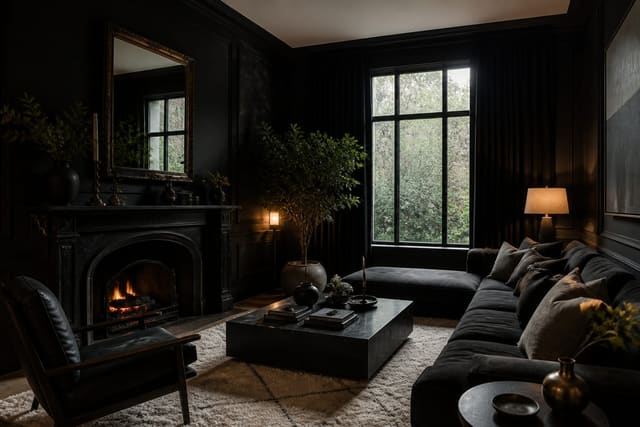 Black Room Ideas in a finished home interior, shown as a warm editorial Re-Design concept
