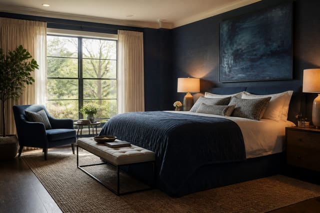 Blue Bedroom Ideas in a bedroom, shown as a warm editorial Re-Design concept
