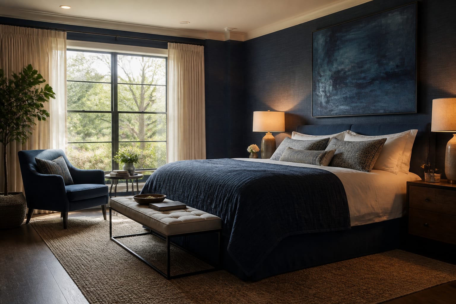 Blue Bedroom Ideas in a bedroom, shown as a warm editorial Re-Design concept