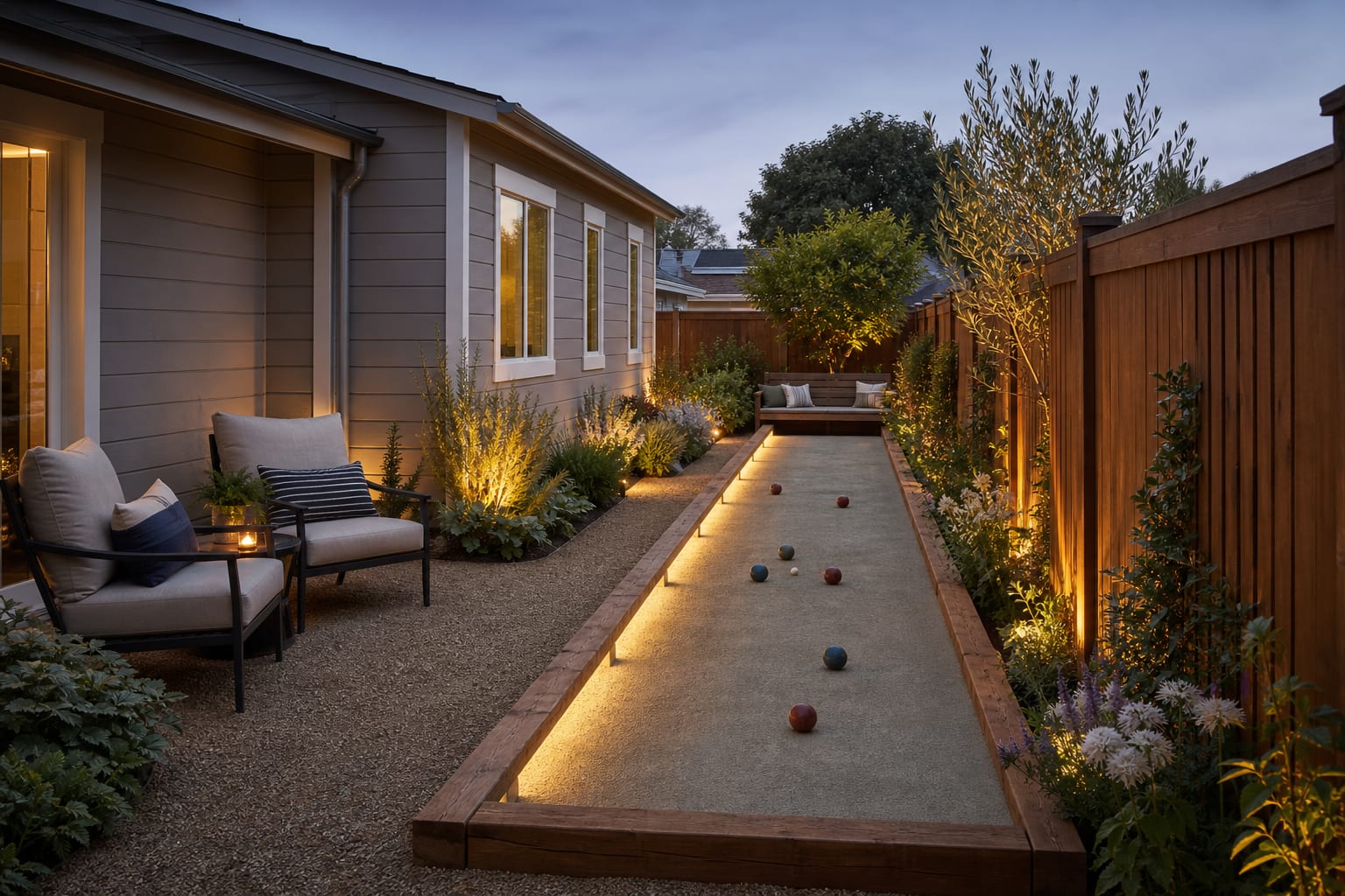 same backyard angle redesigned with a compact bocce court, timber borders, gravel paths, bench seating, and layered planting