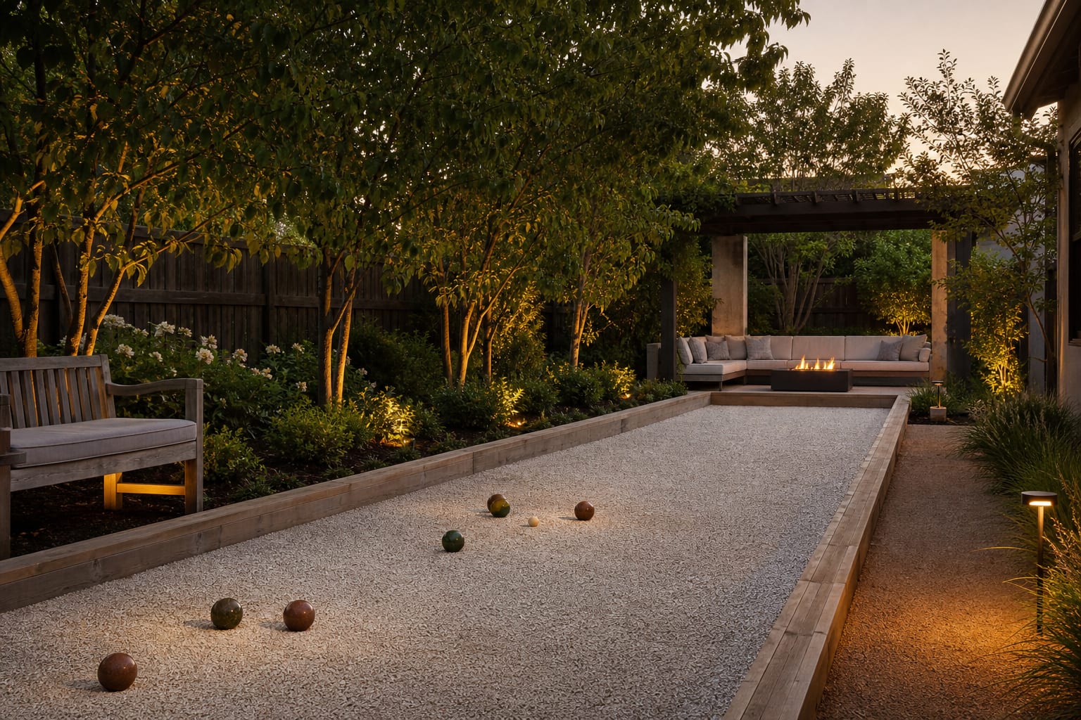 backyard bocce court with crushed shell surface, low timber borders, shaded benches, and string-free warm path lighting