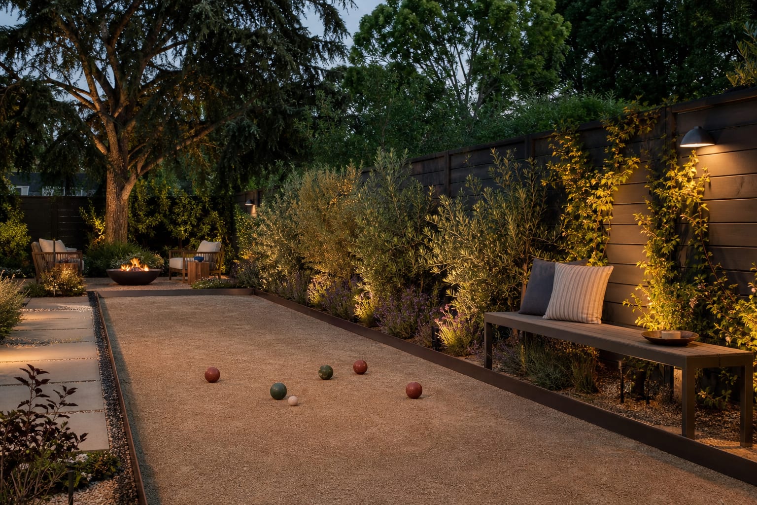 compact bocce court with decomposed granite surface, steel edging, side bench, and drought-tolerant planting along a fence