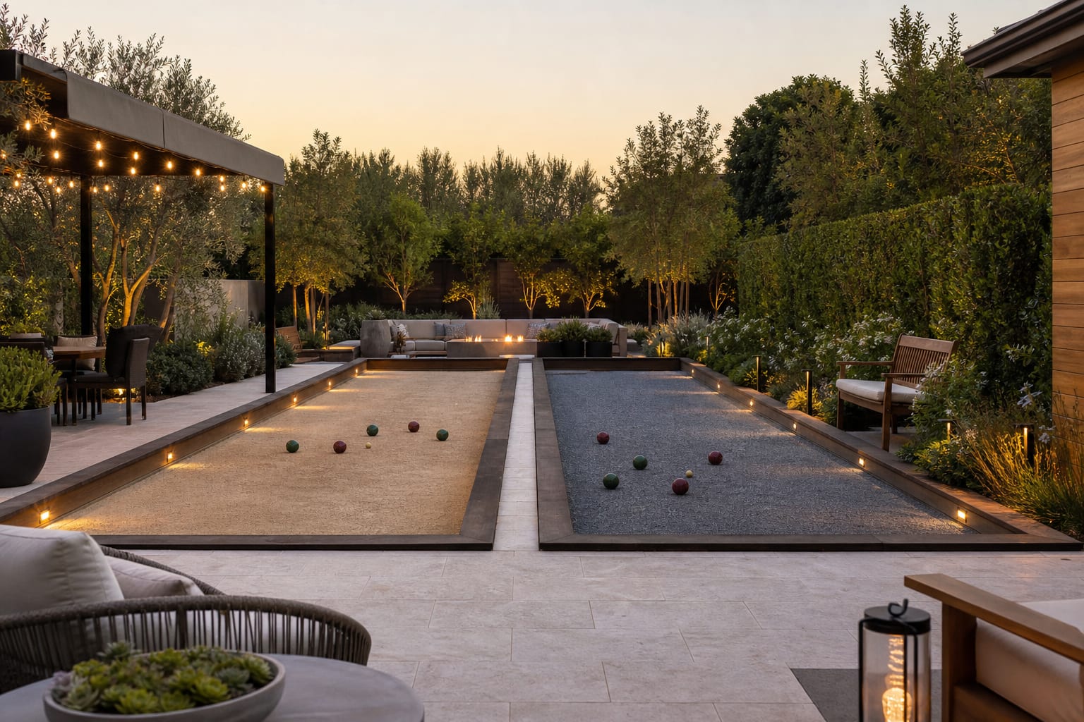 backyard bocce court preview showing two surface options, bench placement, side planting, and warm low-glare court lighting