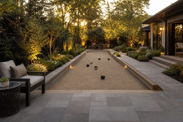 Bocce Ball Court Ideas: How to Design a Backyard Sports Area shown as a photorealistic outdoor redesign with layered materials, planting, lighting, and clear circulation