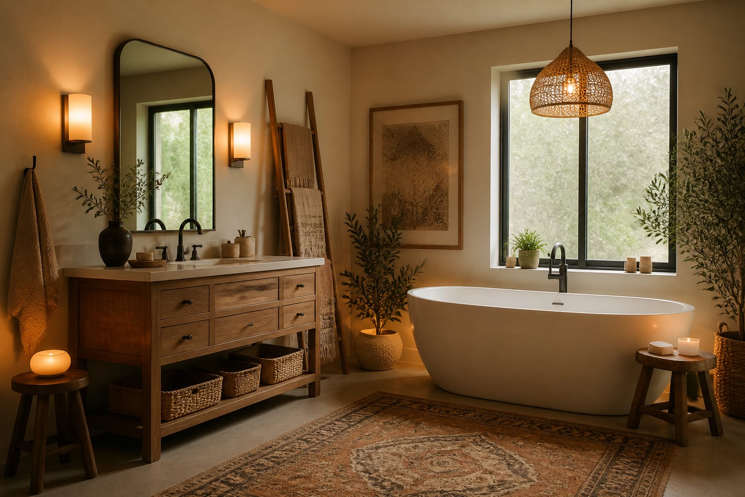 Editorial interior photograph showing boho bathroom ideas that feel designed, not cluttered in a real bathroom, with boho materials, layered warm lighting, styled furniture, and a magazine-quality residential composition.