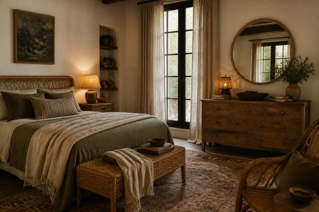 Editorial interior photograph showing boho bedroom ideas layered textiles, rattan, and free-spirited warmth.