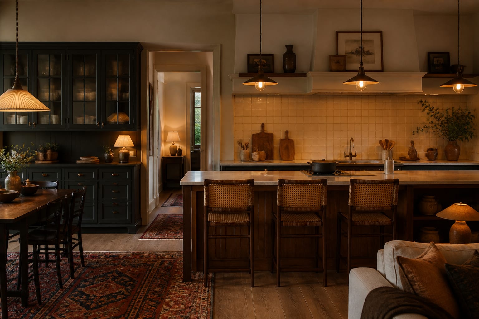 Editorial interior photograph showing boho kitchen ideas that balance character with function in a real kitchen, with boho materials, layered warm lighting, styled furniture, and a magazine-quality residential composition.