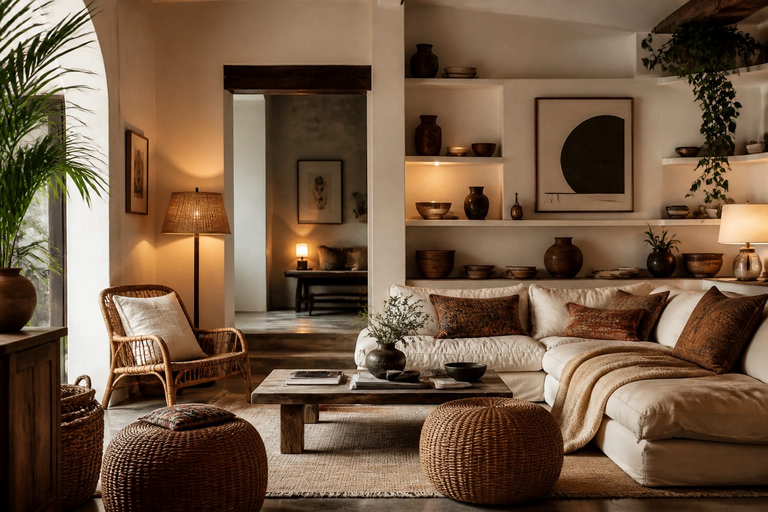 Editorial interior photograph showing a boho living room with layered textiles, earthy tones, rattan furniture, plants, and low relaxed seating.