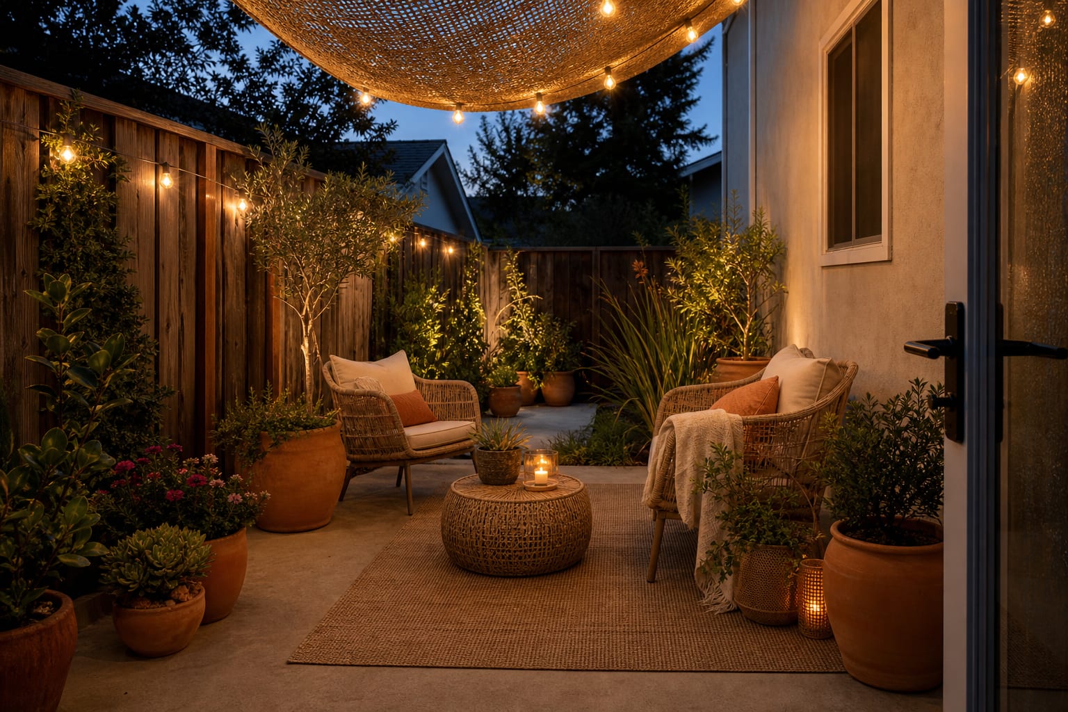Same patio angle with layered outdoor rug, woven lounge furniture, macrame shade detail, large planters, and warm string lights.