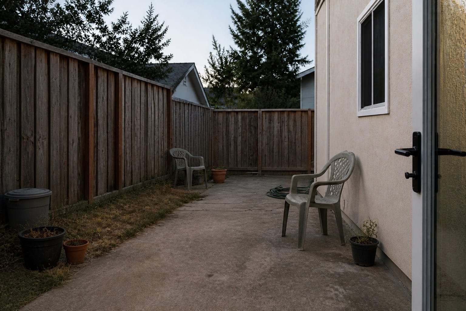 Under-designed concrete patio with two small chairs, no rug, no shade, and scattered small pots along the wall.