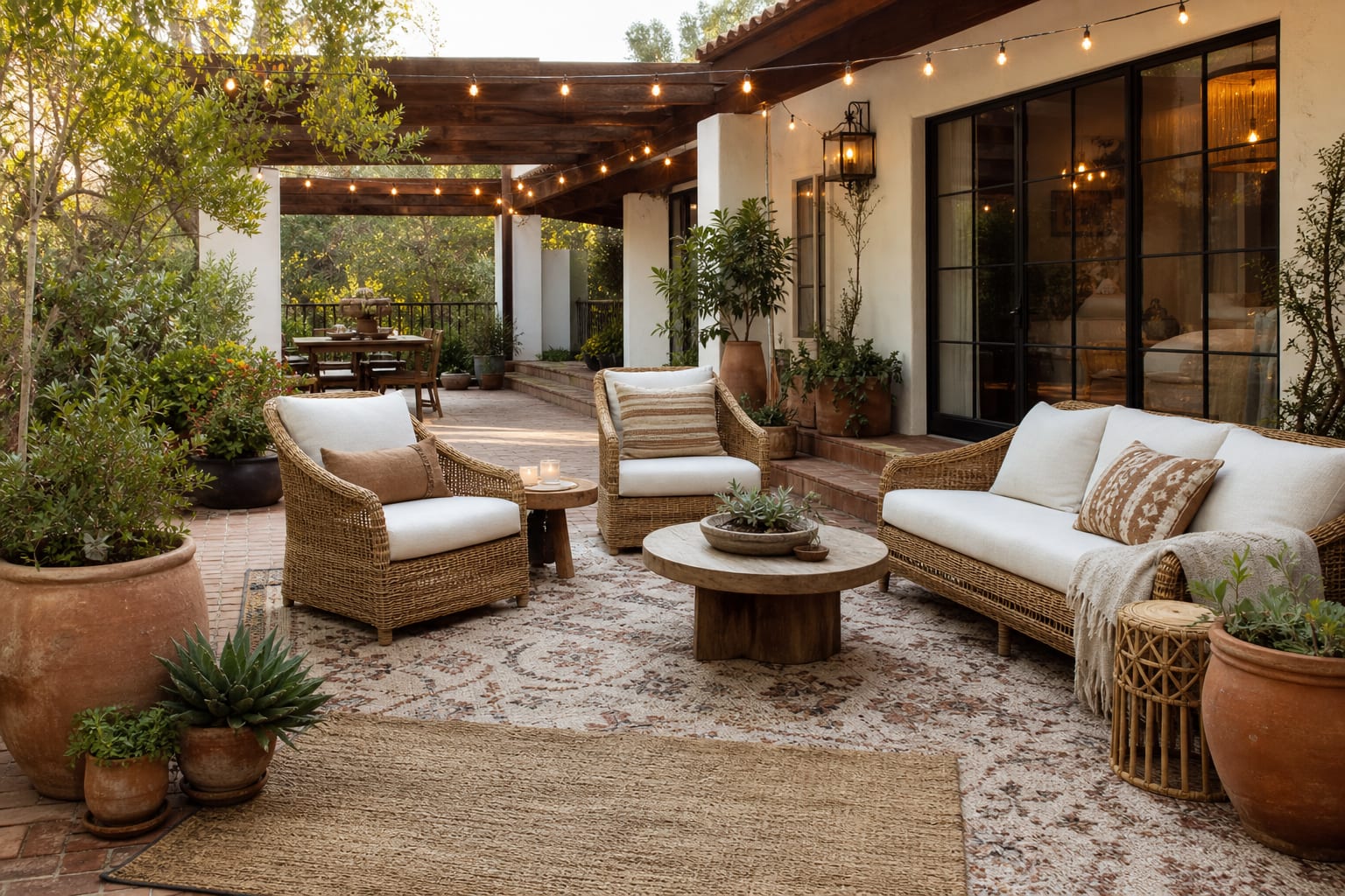 boho patio with layered outdoor rugs, woven lounge chairs, terracotta planters, linen cushions, and warm string lights