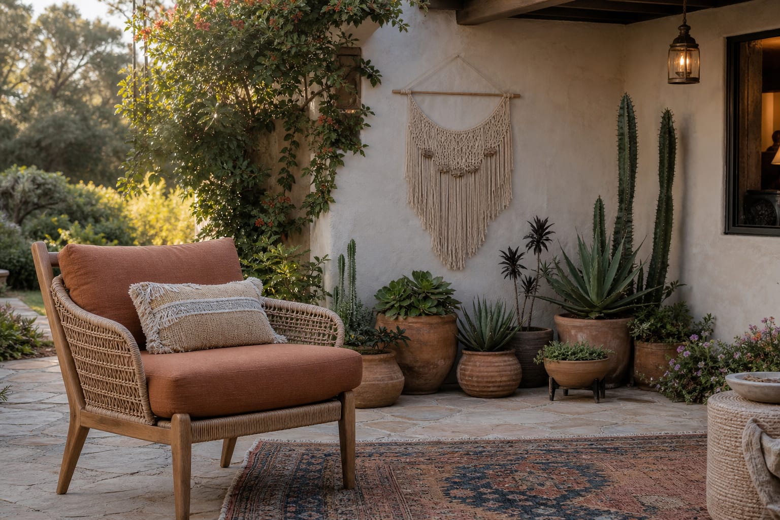 woven patio chair with rust cushions, macrame wall hanging, terracotta pots, and layered outdoor textiles