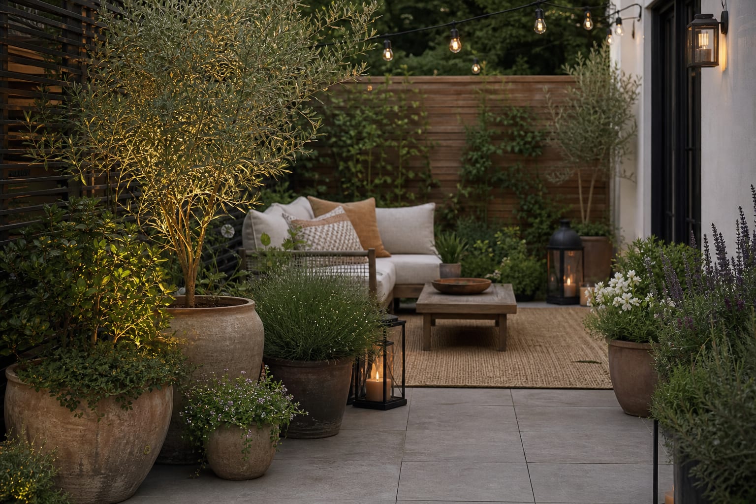 small boho garden patio with large grouped planters, outdoor rug, low lanterns, and clear walking path