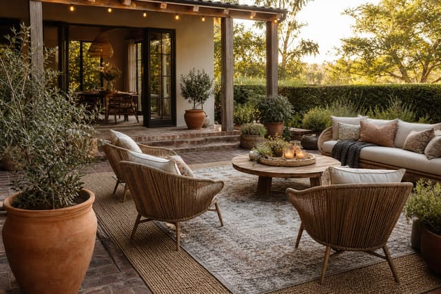 boho patio with layered outdoor rugs, woven lounge chairs, terracotta planters, linen cushions, and warm string lights