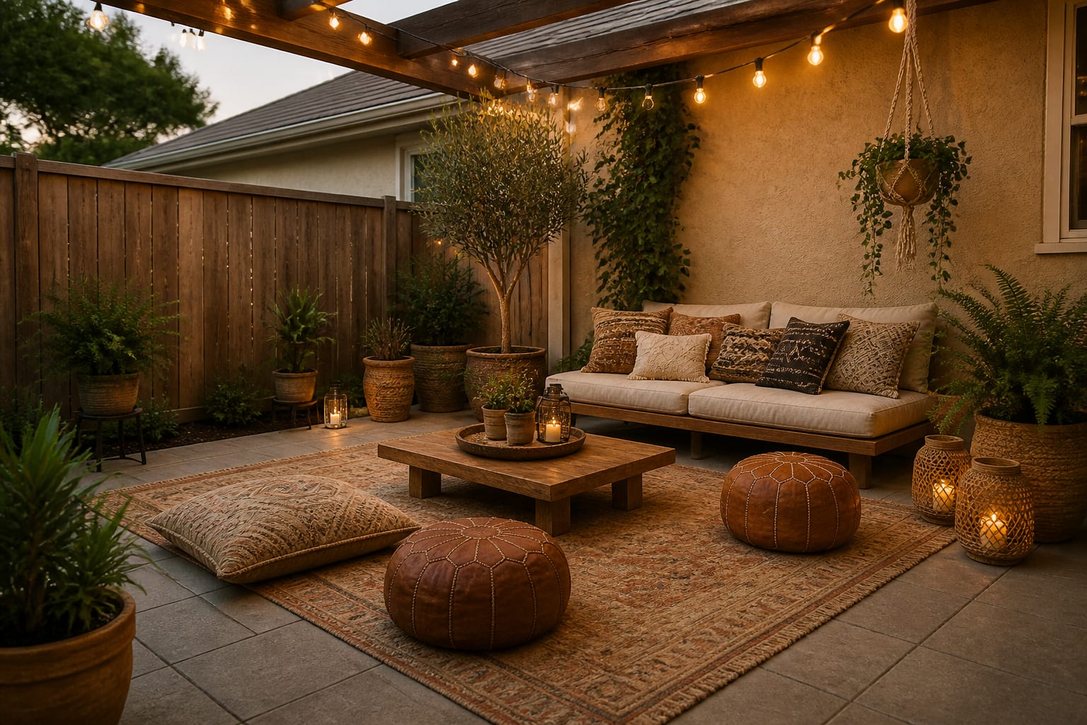 The same patio restyled boho with a layered rug, floor cushions, macrame, string lights, and potted plants