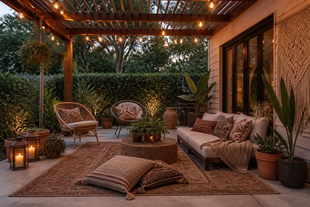 Editorial outdoor photograph showing a boho patio lounge with a layered rug, floor cushions, macrame, string lights, and potted plants.