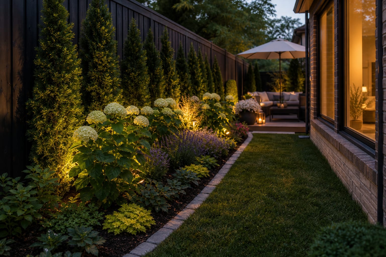 Layered border planting with a clipped green backdrop, repeated perennials, low ground cover, mulch, and a crisp stone mowing strip.