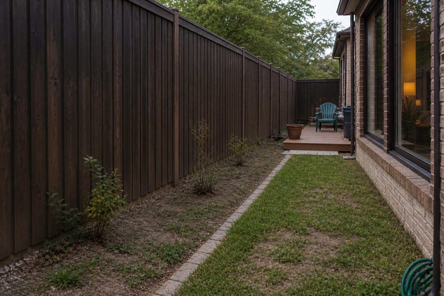Under-designed garden edge with a bare fence, patchy lawn, scattered plants, exposed soil, and no clear planting rhythm.