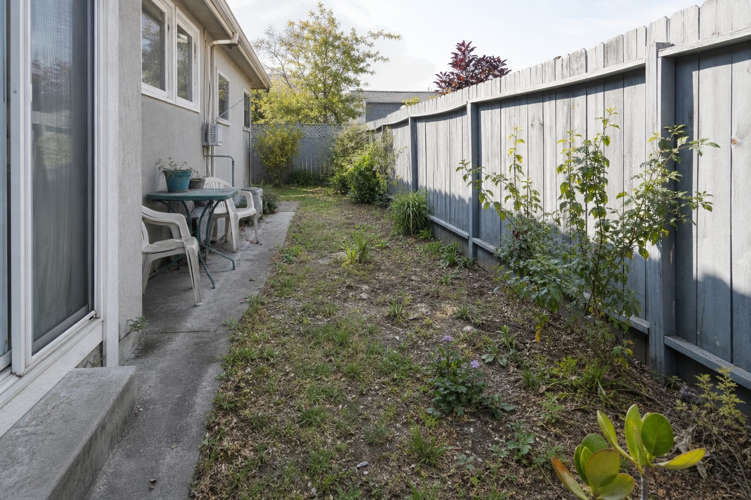 Under-designed garden edge with a bare fence, patchy lawn, scattered plants, exposed soil, and no clear planting rhythm.