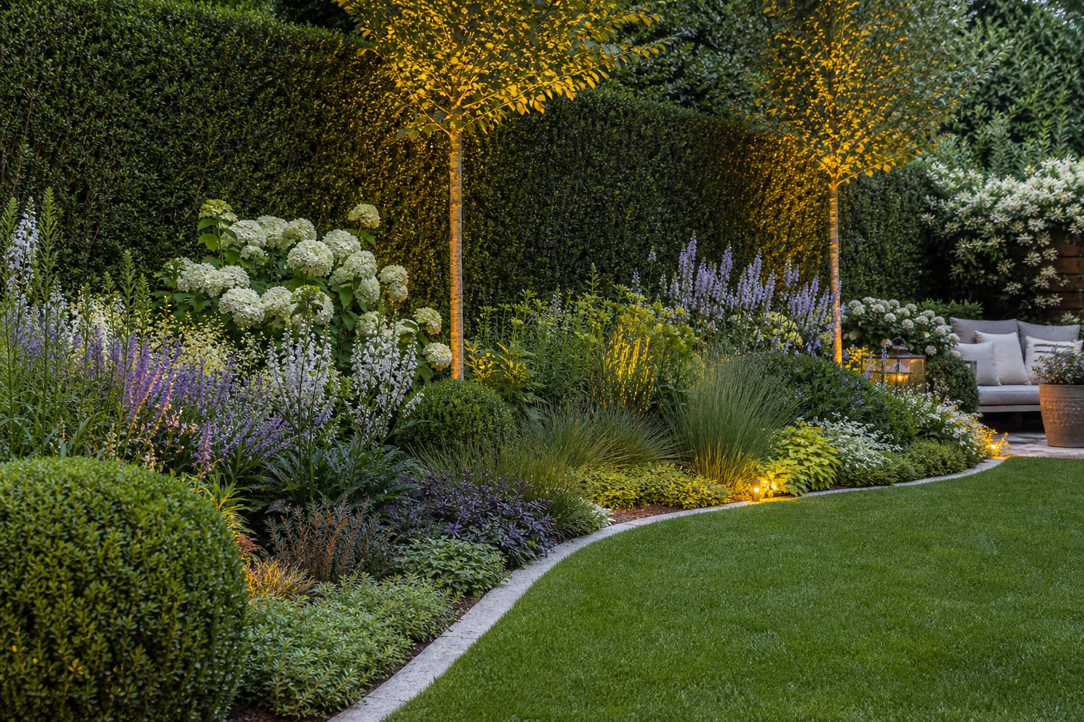 layered garden border with clipped hedge backdrop, flowering perennials, grasses, and a crisp stone mowing edge
