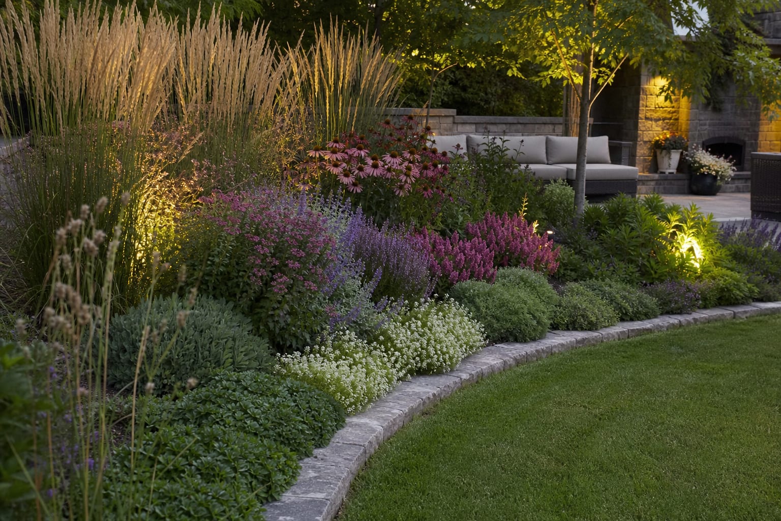 three-tier perennial border with tall grasses, flowering middle layer, low ground cover, and stone edging beside a lawn
