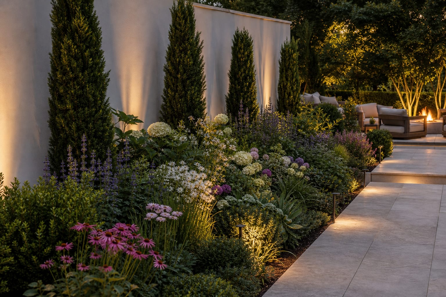AI preview of the same garden border with widened planting bed, repeated perennials, evergreen anchors, and warm path lighting