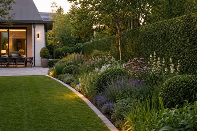 layered garden border with clipped hedge backdrop, flowering perennials, grasses, and a crisp stone mowing edge
