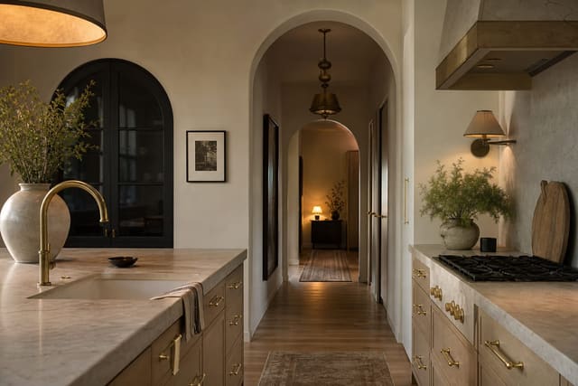 kitchen and hallway with edited brass cabinet pulls, softer black lighting, and warm neutral finishes that make brass feel intentional