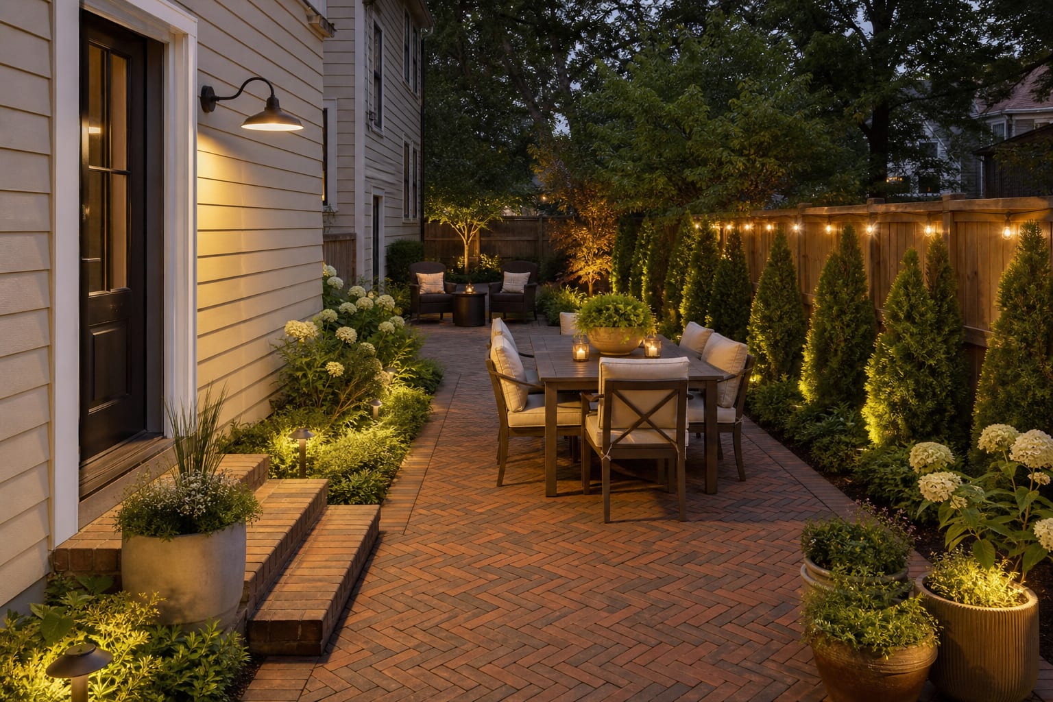Herringbone brick patio in the same side yard with a defined border, wood dining set, layered planters, and warm outdoor lighting.