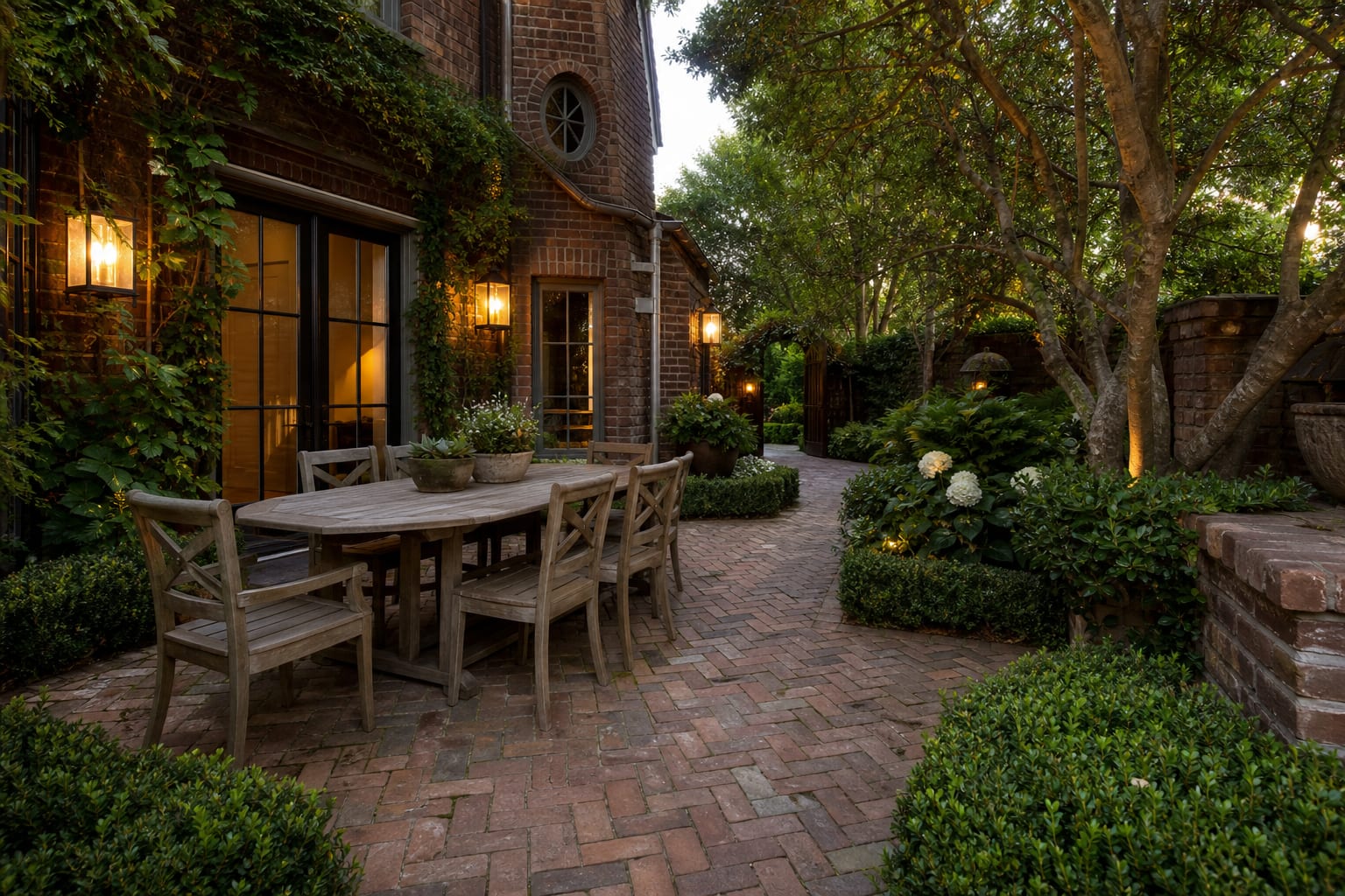 aged red brick patio with herringbone paving, clipped planting beds, wood dining table, and warm wall lights beside an older home