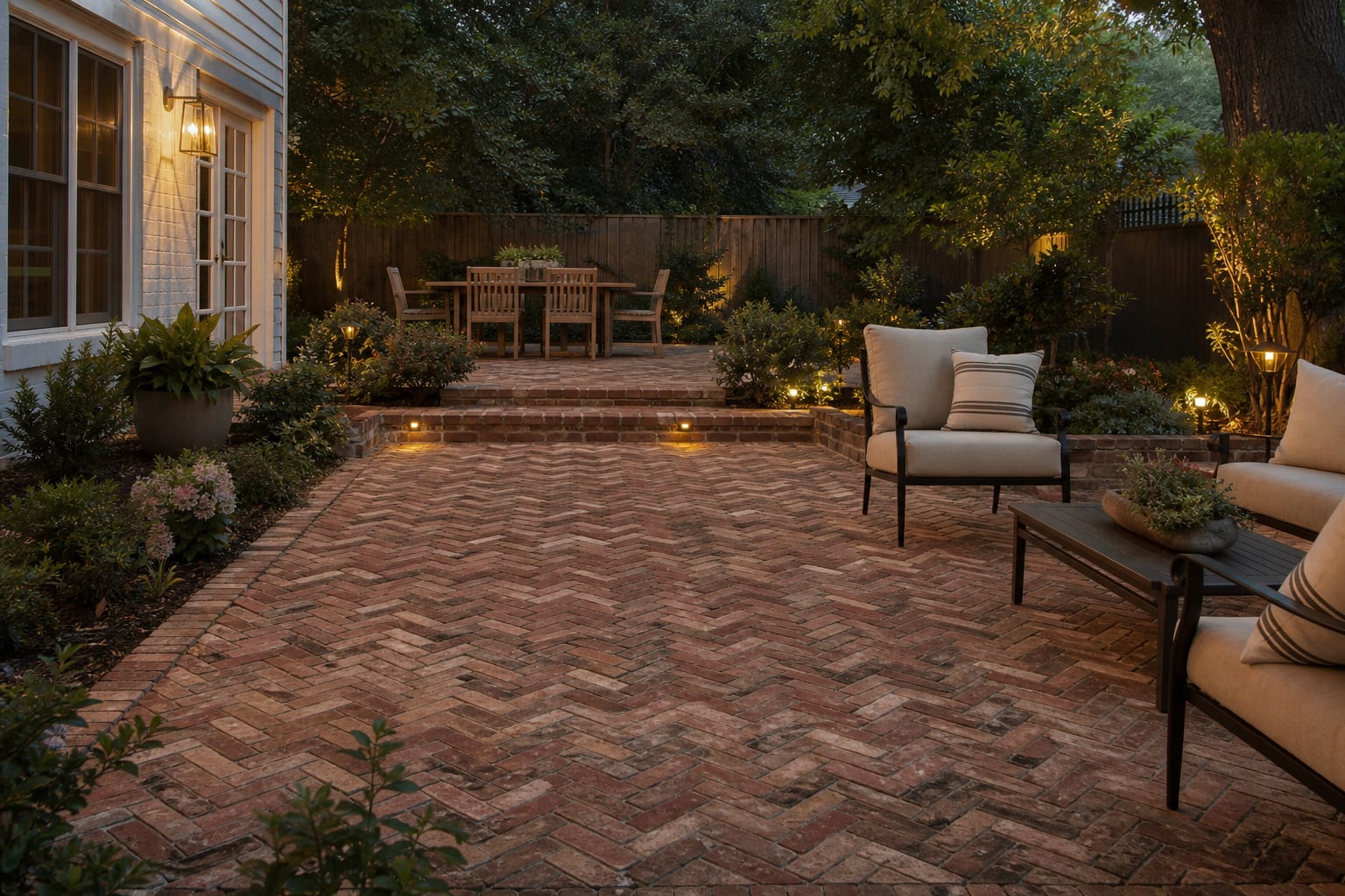 AI patio preview showing the same older backyard tested with herringbone brick, reclaimed brick color blends, and planted edges