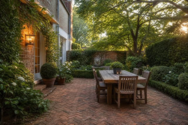 aged red brick patio with herringbone paving, clipped planting beds, wood dining table, and warm wall lights beside an older home