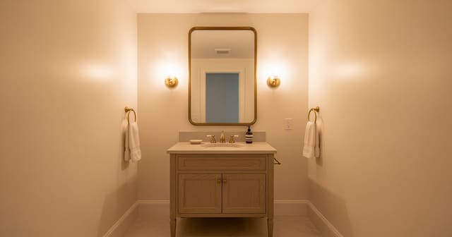 A windowless bathroom with brass sconces flanking a large mirror and warm-white walls
