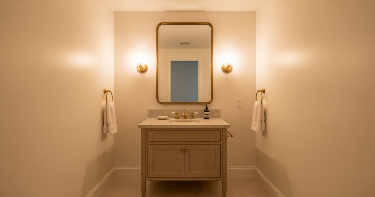 A windowless bathroom with brass sconces flanking a large mirror and warm-white walls