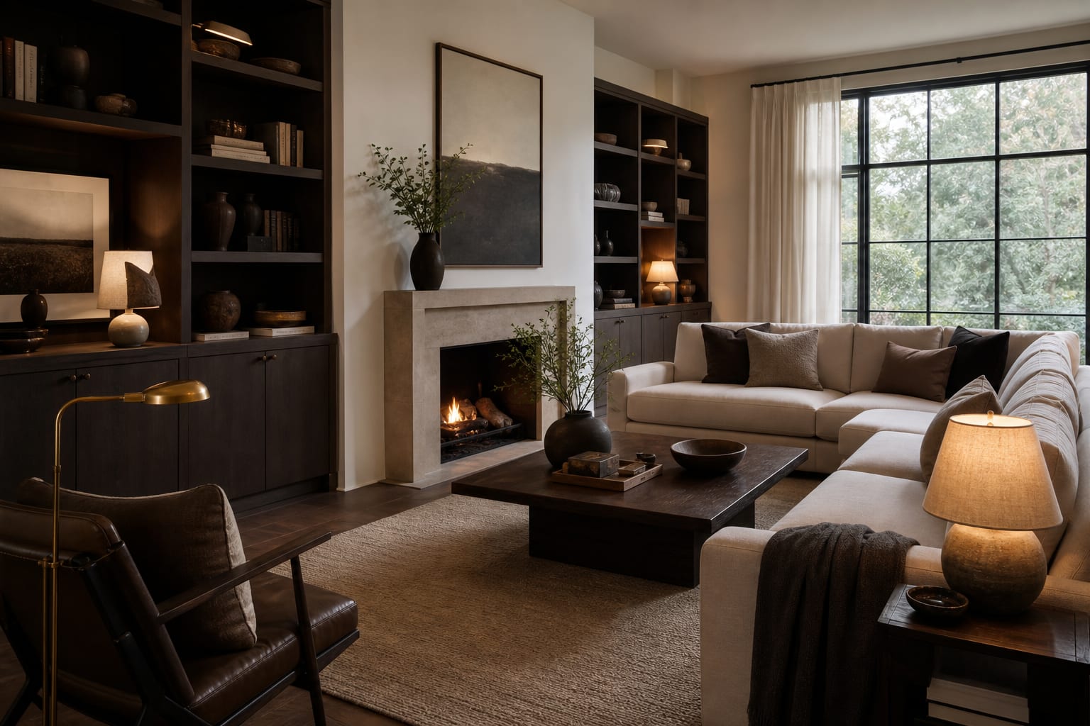 living room with dark brown wood furniture balanced by cream textiles, black accents, pale walls, and warm layered lighting